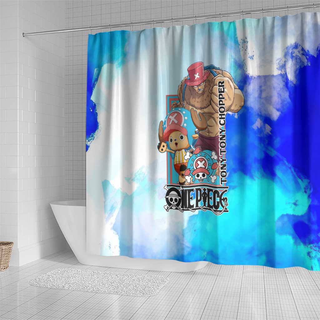 Tony Tony Chopper One Piece Blue Theme Shower Curtain with Cute Reindeer Design and Transformation Forms - The Mazicc