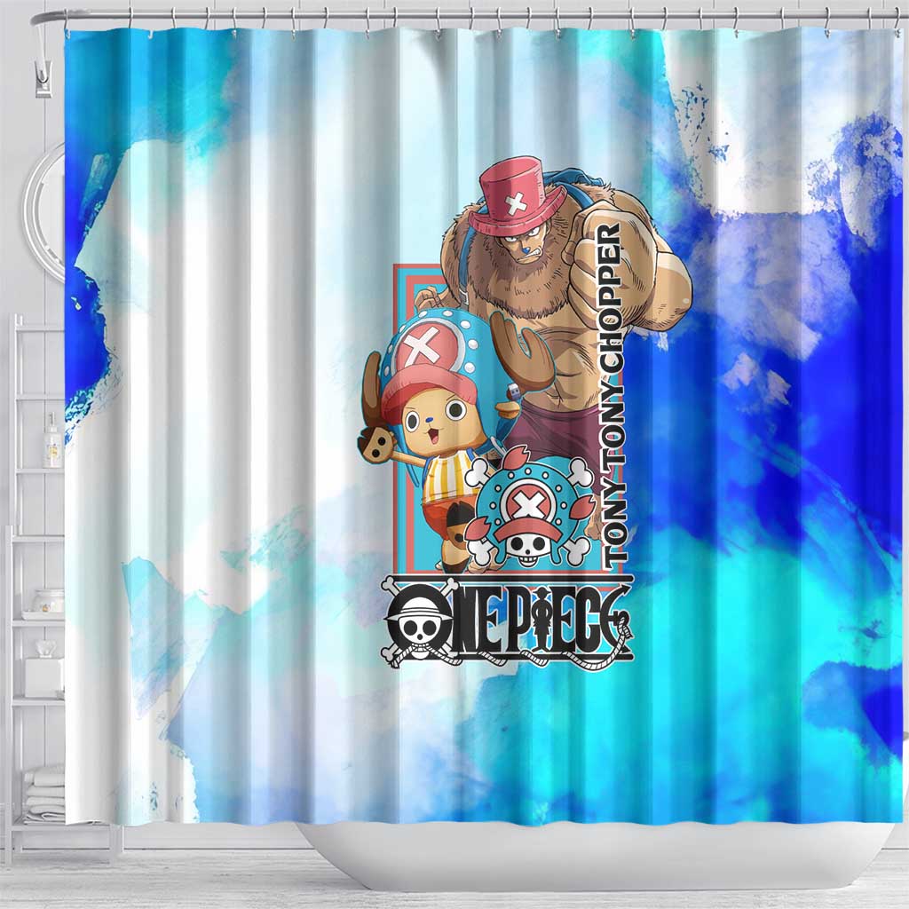 Tony Tony Chopper One Piece Blue Theme Shower Curtain with Cute Reindeer Design and Transformation Forms - The Mazicc