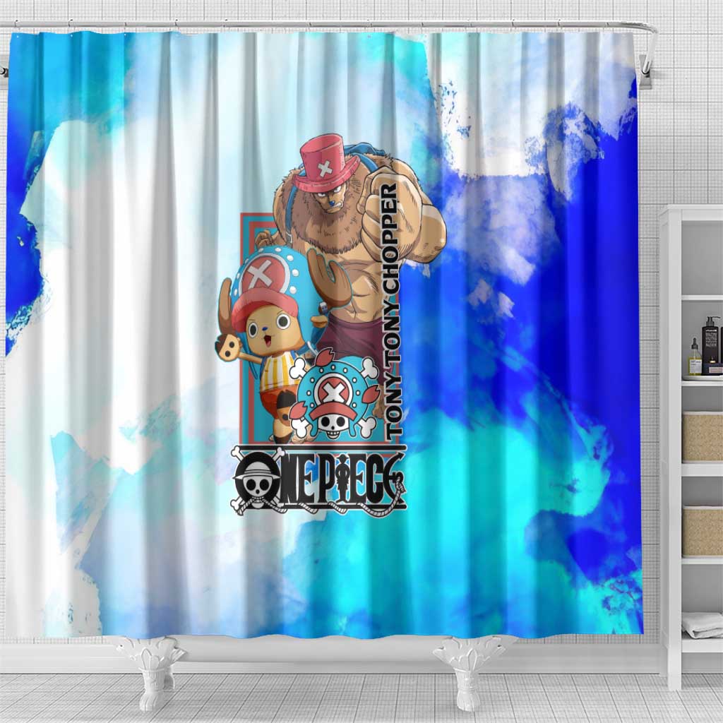 Tony Tony Chopper One Piece Blue Theme Shower Curtain with Cute Reindeer Design and Transformation Forms - The Mazicc