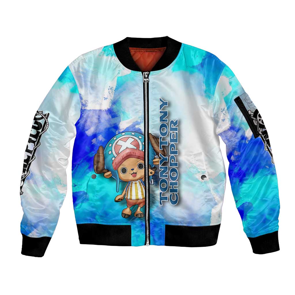 Tony Tony Chopper One Piece Blue Theme Sleeve Zip Bomber Jacket with Cute Reindeer Design and Transformation Forms - The Mazicc