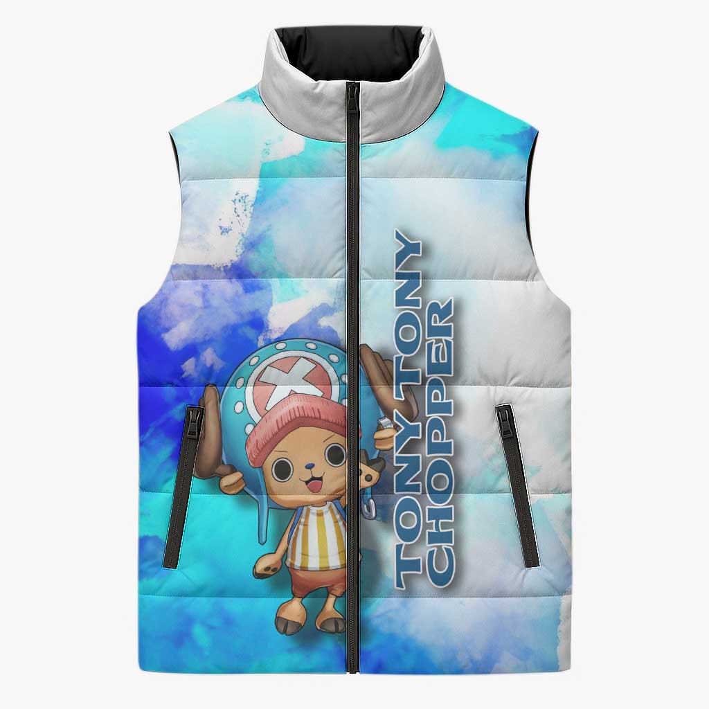 Tony Tony Chopper One Piece Blue Theme Sleeveless Puffer Jacket with Cute Reindeer Design and Transformation Forms - The Mazicc