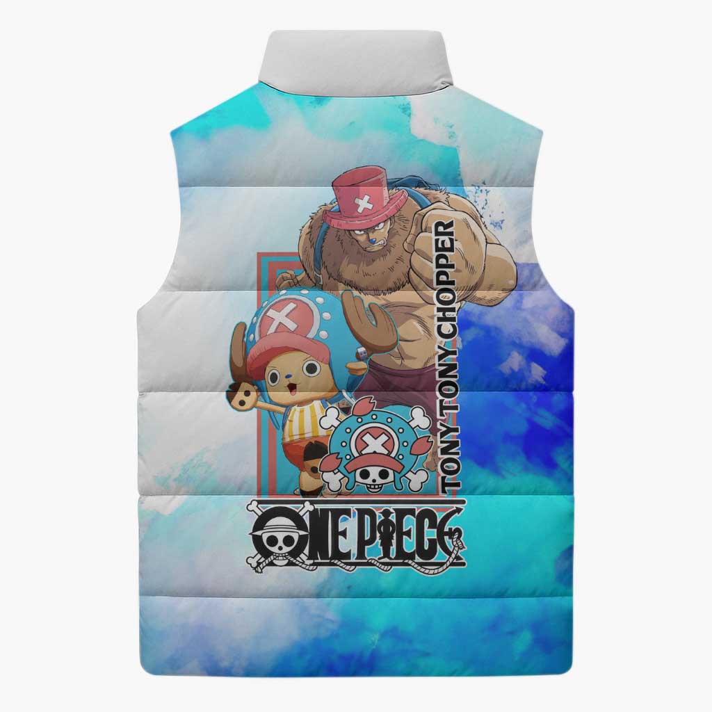 Tony Tony Chopper One Piece Blue Theme Sleeveless Puffer Jacket with Cute Reindeer Design and Transformation Forms - The Mazicc
