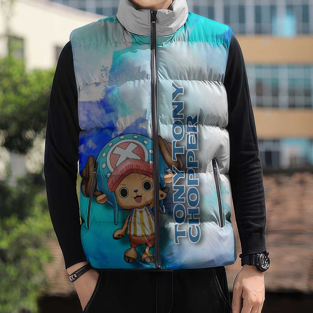 Tony Tony Chopper One Piece Blue Theme Sleeveless Puffer Jacket with Cute Reindeer Design and Transformation Forms - The Mazicc