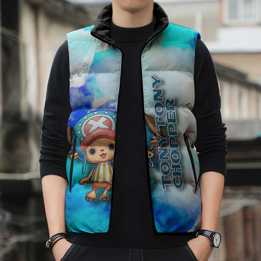 Tony Tony Chopper One Piece Blue Theme Sleeveless Puffer Jacket with Cute Reindeer Design and Transformation Forms - The Mazicc