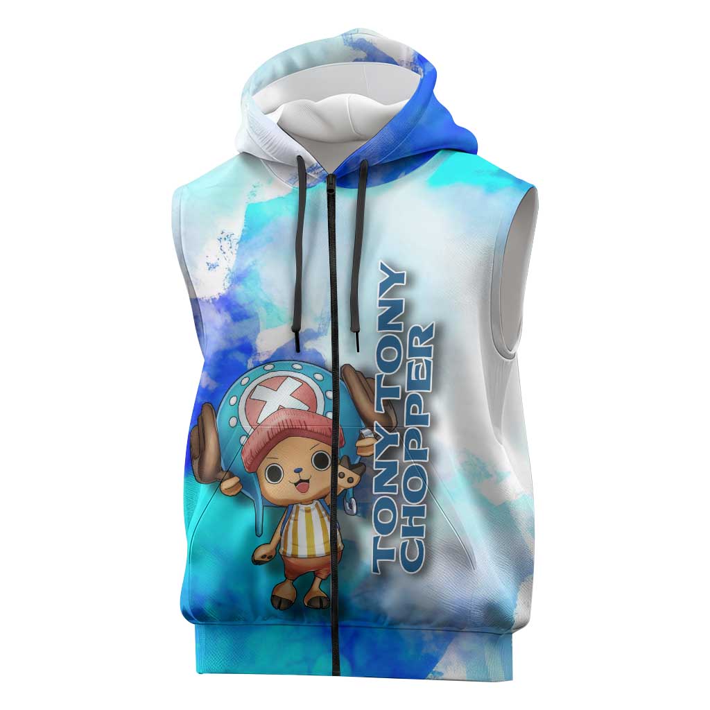 Tony Tony Chopper One Piece Blue Theme Sleeveless Zip Hoodie with Cute Reindeer Design and Transformation Forms - The Mazicc