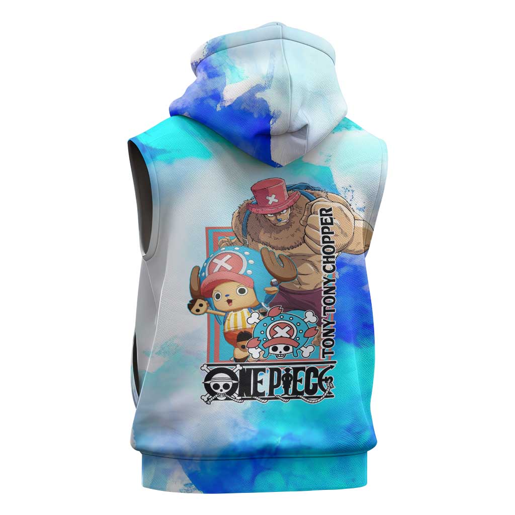 Tony Tony Chopper One Piece Blue Theme Sleeveless Zip Hoodie with Cute Reindeer Design and Transformation Forms - The Mazicc