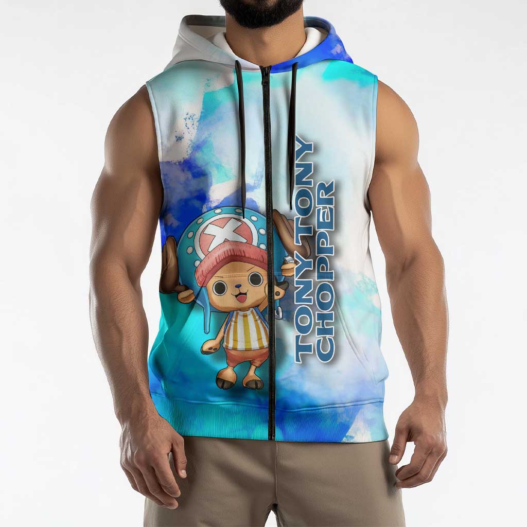 Tony Tony Chopper One Piece Blue Theme Sleeveless Zip Hoodie with Cute Reindeer Design and Transformation Forms - The Mazicc