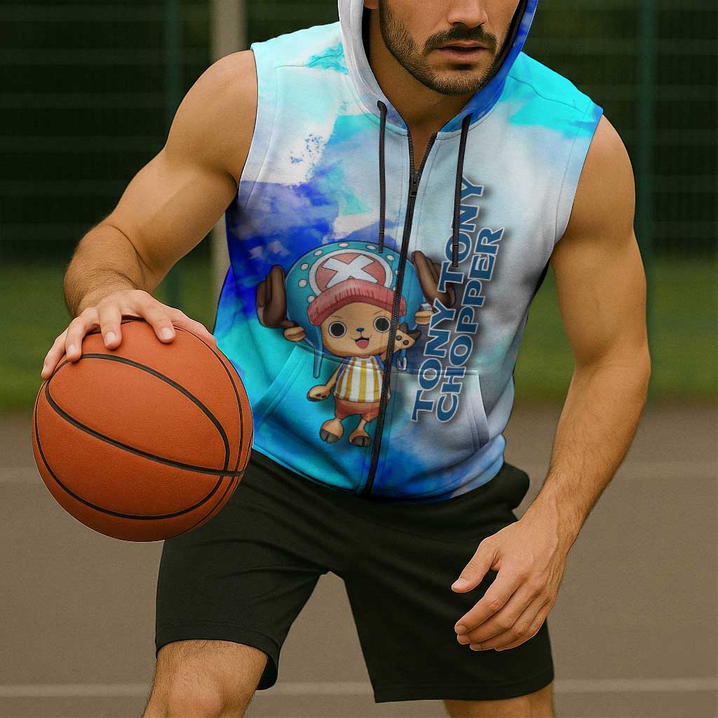 Tony Tony Chopper One Piece Blue Theme Sleeveless Zip Hoodie with Cute Reindeer Design and Transformation Forms - The Mazicc
