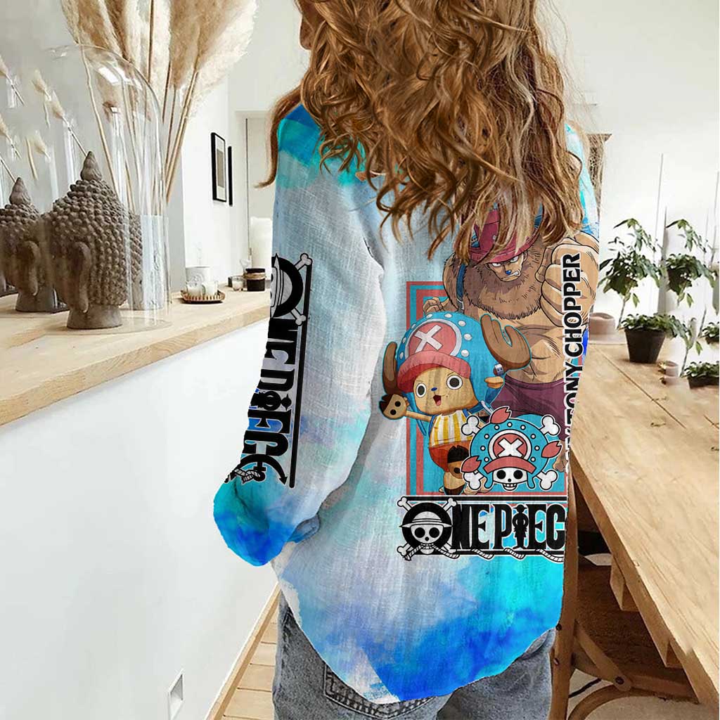 Tony Tony Chopper One Piece Blue Theme Women Casual Shirt with Cute Reindeer Design and Transformation Forms - The Mazicc