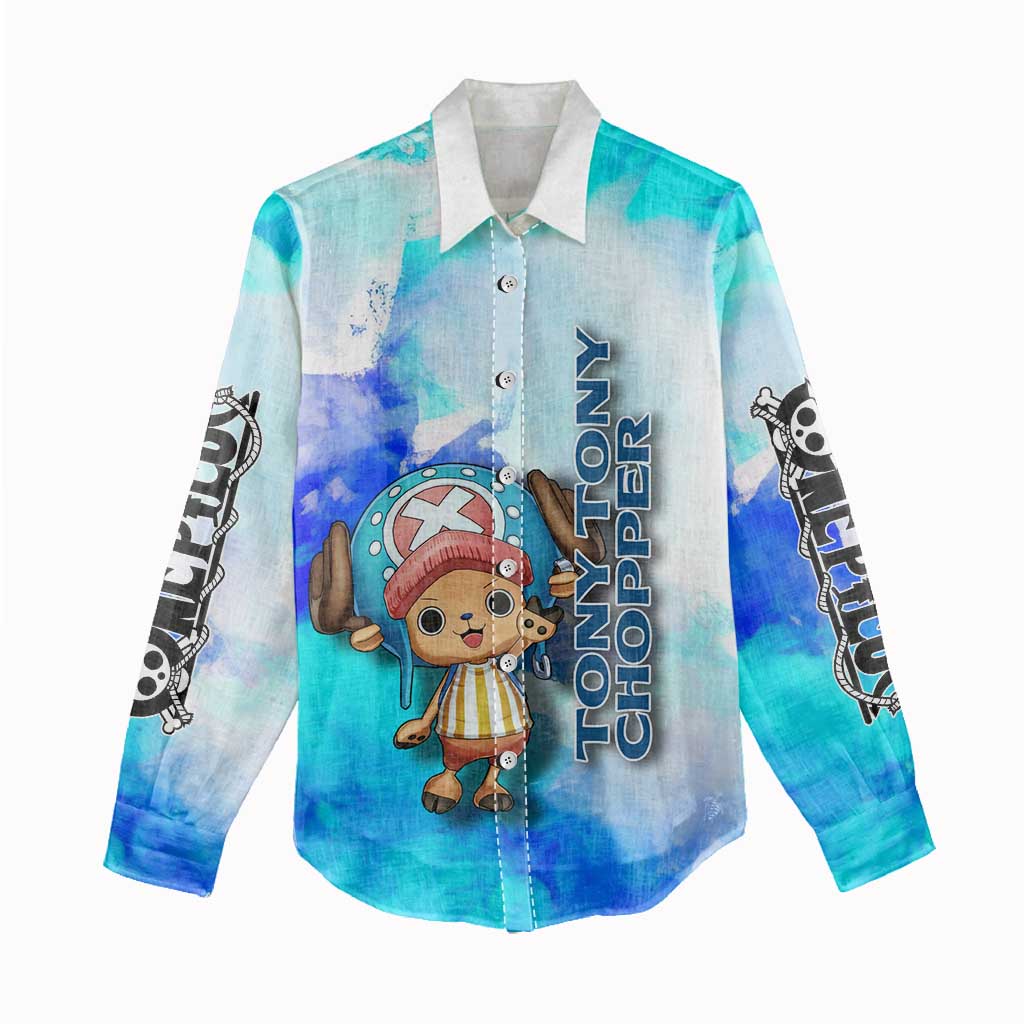 Tony Tony Chopper One Piece Blue Theme Women Casual Shirt with Cute Reindeer Design and Transformation Forms - The Mazicc