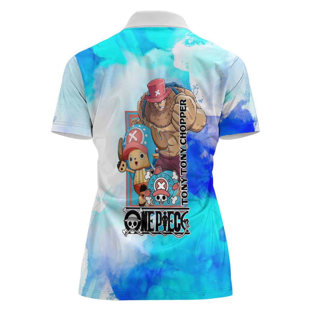 Tony Tony Chopper One Piece Blue Theme Women Polo Shirt with Cute Reindeer Design and Transformation Forms - The Mazicc