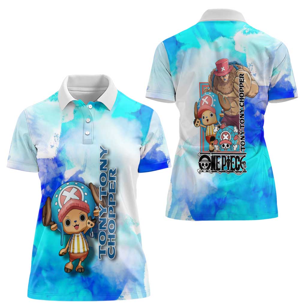 Tony Tony Chopper One Piece Blue Theme Women Polo Shirt with Cute Reindeer Design and Transformation Forms - The Mazicc