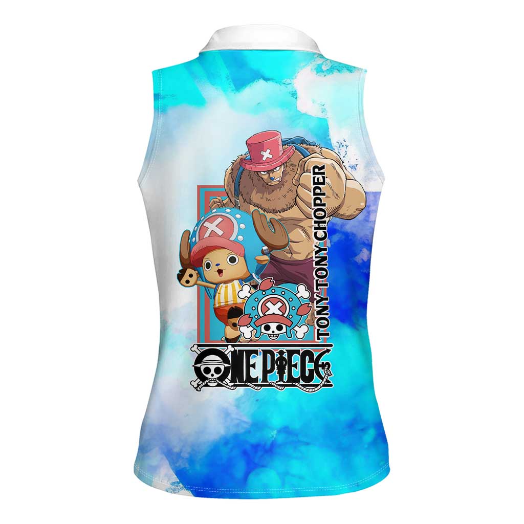 Tony Tony Chopper One Piece Blue Theme Women Sleeveless Polo Shirt with Cute Reindeer Design and Transformation Forms - The Mazicc