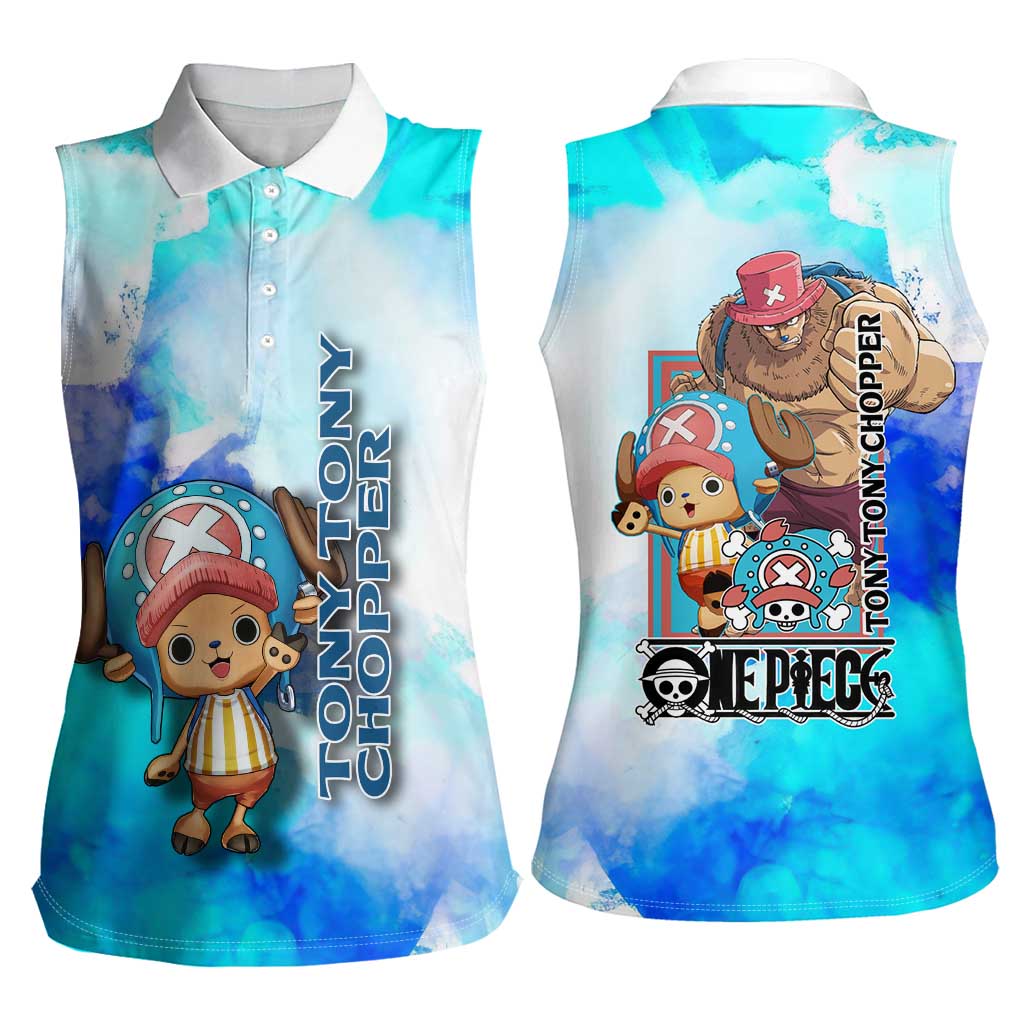 Tony Tony Chopper One Piece Blue Theme Women Sleeveless Polo Shirt with Cute Reindeer Design and Transformation Forms - The Mazicc