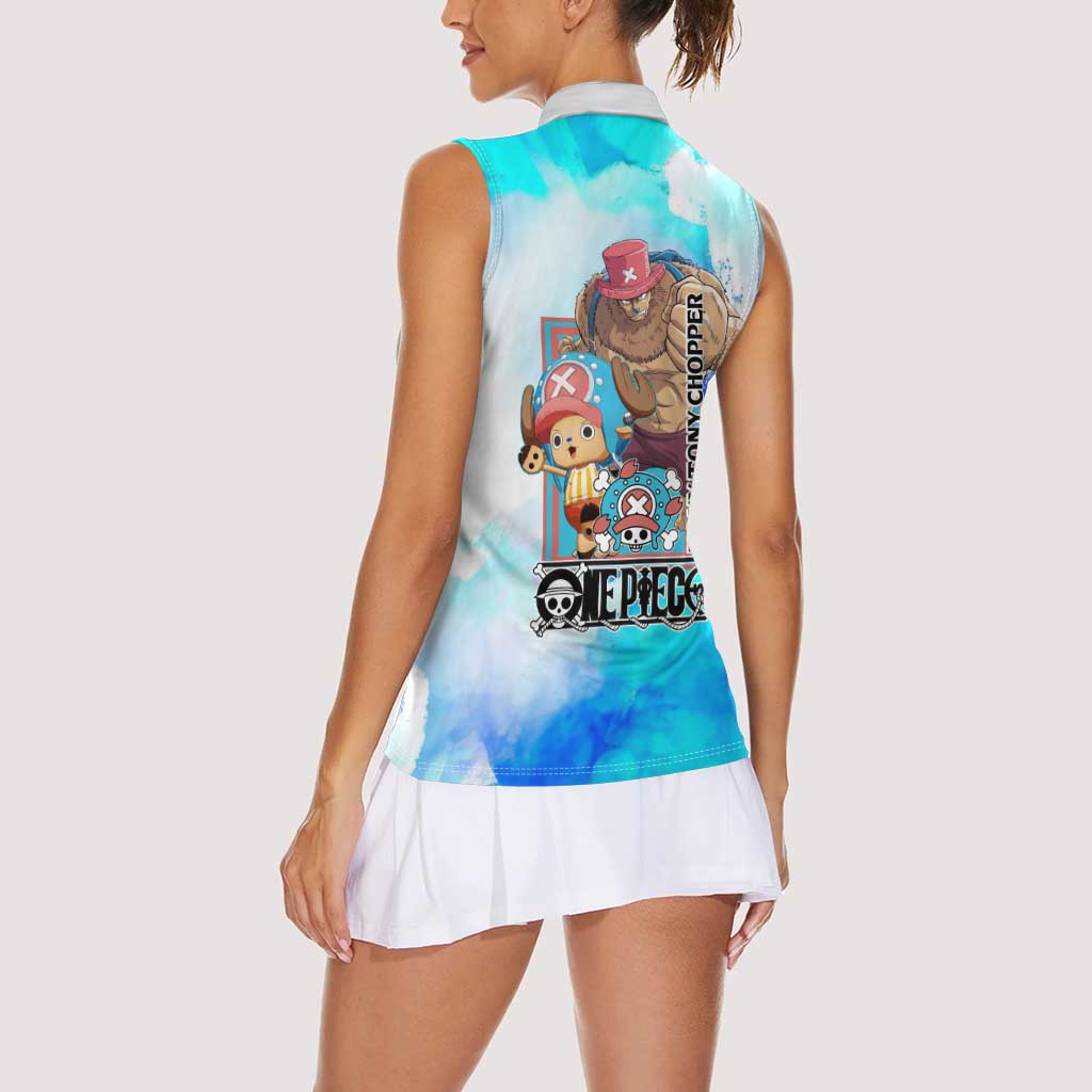 Tony Tony Chopper One Piece Blue Theme Women Sleeveless Polo Shirt with Cute Reindeer Design and Transformation Forms - The Mazicc