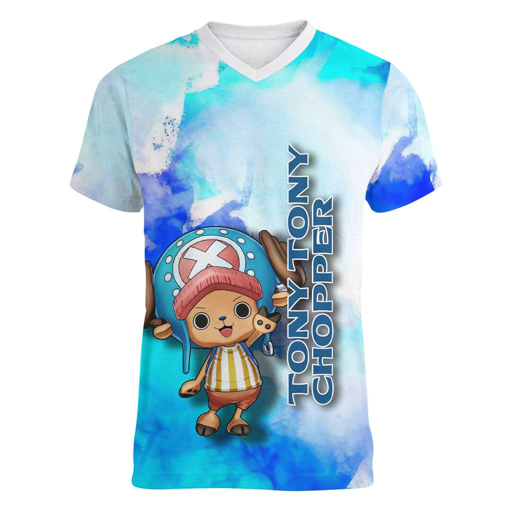 Tony Tony Chopper One Piece Blue Theme Women V-Neck T-Shirt with Cute Reindeer Design and Transformation Forms - The Mazicc