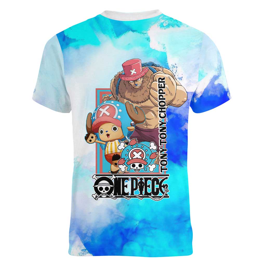 Tony Tony Chopper One Piece Blue Theme Women V-Neck T-Shirt with Cute Reindeer Design and Transformation Forms - The Mazicc