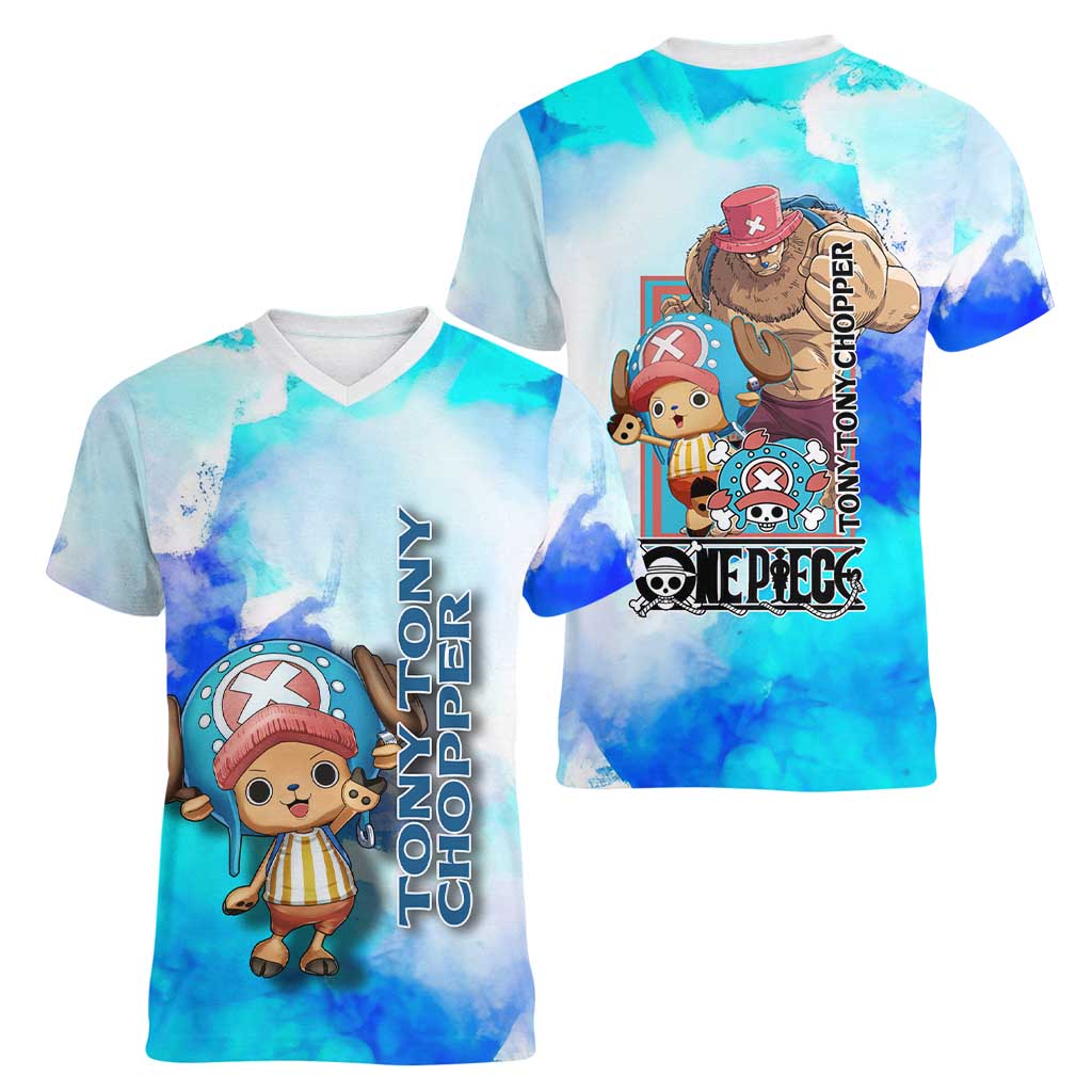 Tony Tony Chopper One Piece Blue Theme Women V-Neck T-Shirt with Cute Reindeer Design and Transformation Forms - The Mazicc