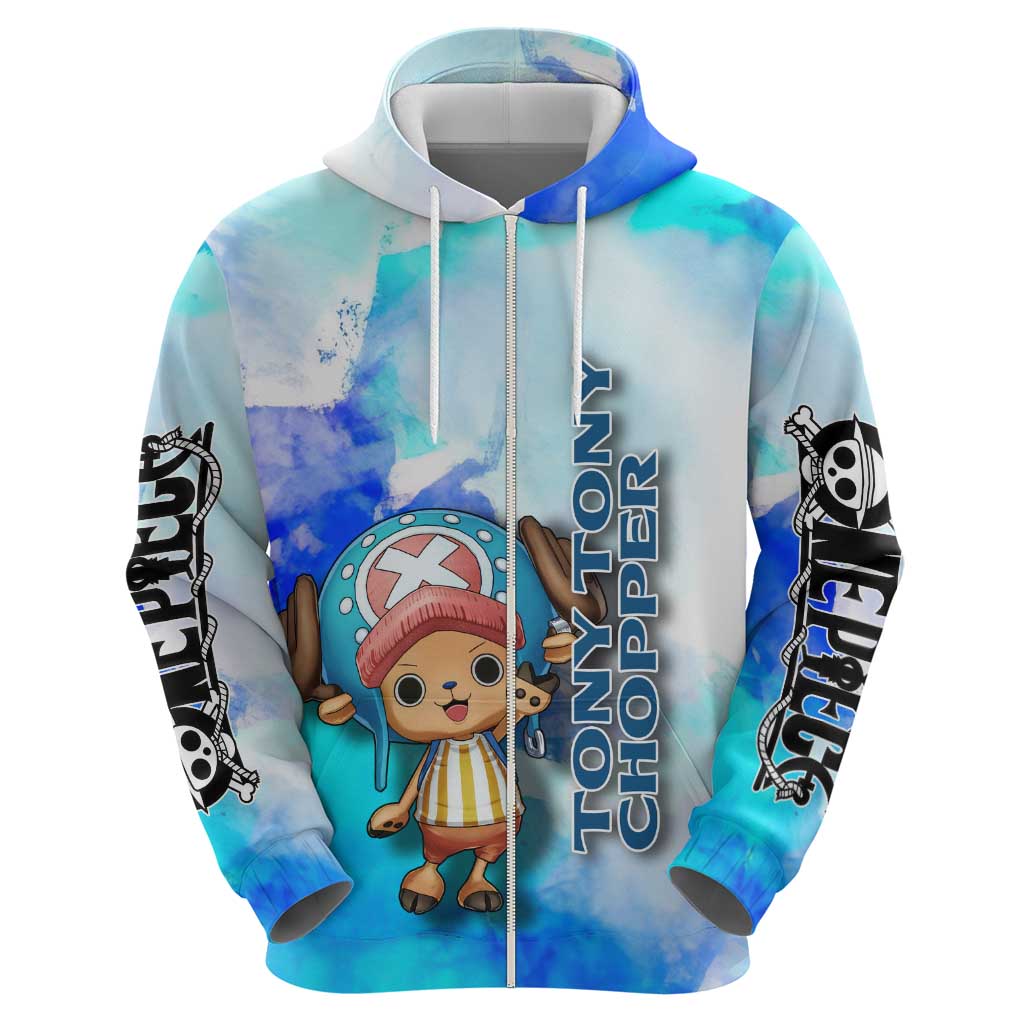 Tony Tony Chopper One Piece Blue Theme Zip Hoodie with Cute Reindeer Design and Transformation Forms - The Mazicc