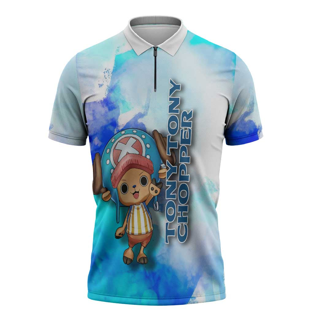 Tony Tony Chopper One Piece Blue Theme Zipper Polo Shirt with Cute Reindeer Design and Transformation Forms - The Mazicc