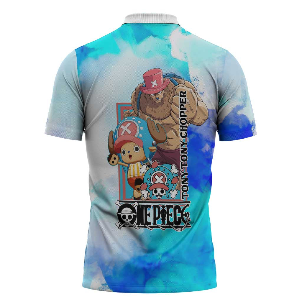 Tony Tony Chopper One Piece Blue Theme Zipper Polo Shirt with Cute Reindeer Design and Transformation Forms - The Mazicc