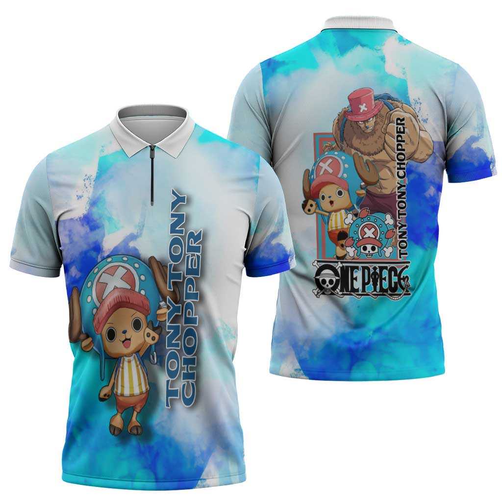 Tony Tony Chopper One Piece Blue Theme Zipper Polo Shirt with Cute Reindeer Design and Transformation Forms - The Mazicc