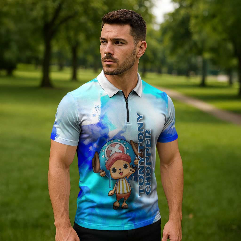 Tony Tony Chopper One Piece Blue Theme Zipper Polo Shirt with Cute Reindeer Design and Transformation Forms - The Mazicc