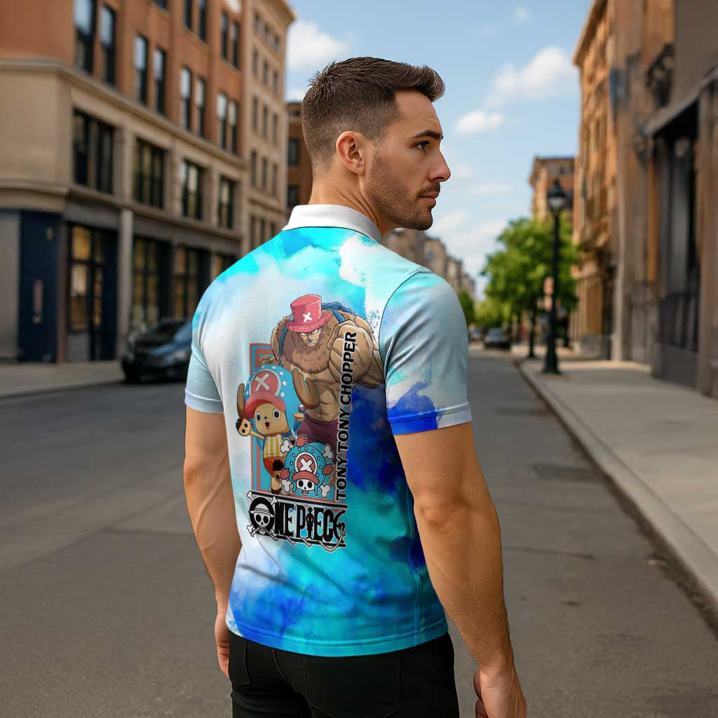 Tony Tony Chopper One Piece Blue Theme Zipper Polo Shirt with Cute Reindeer Design and Transformation Forms - The Mazicc