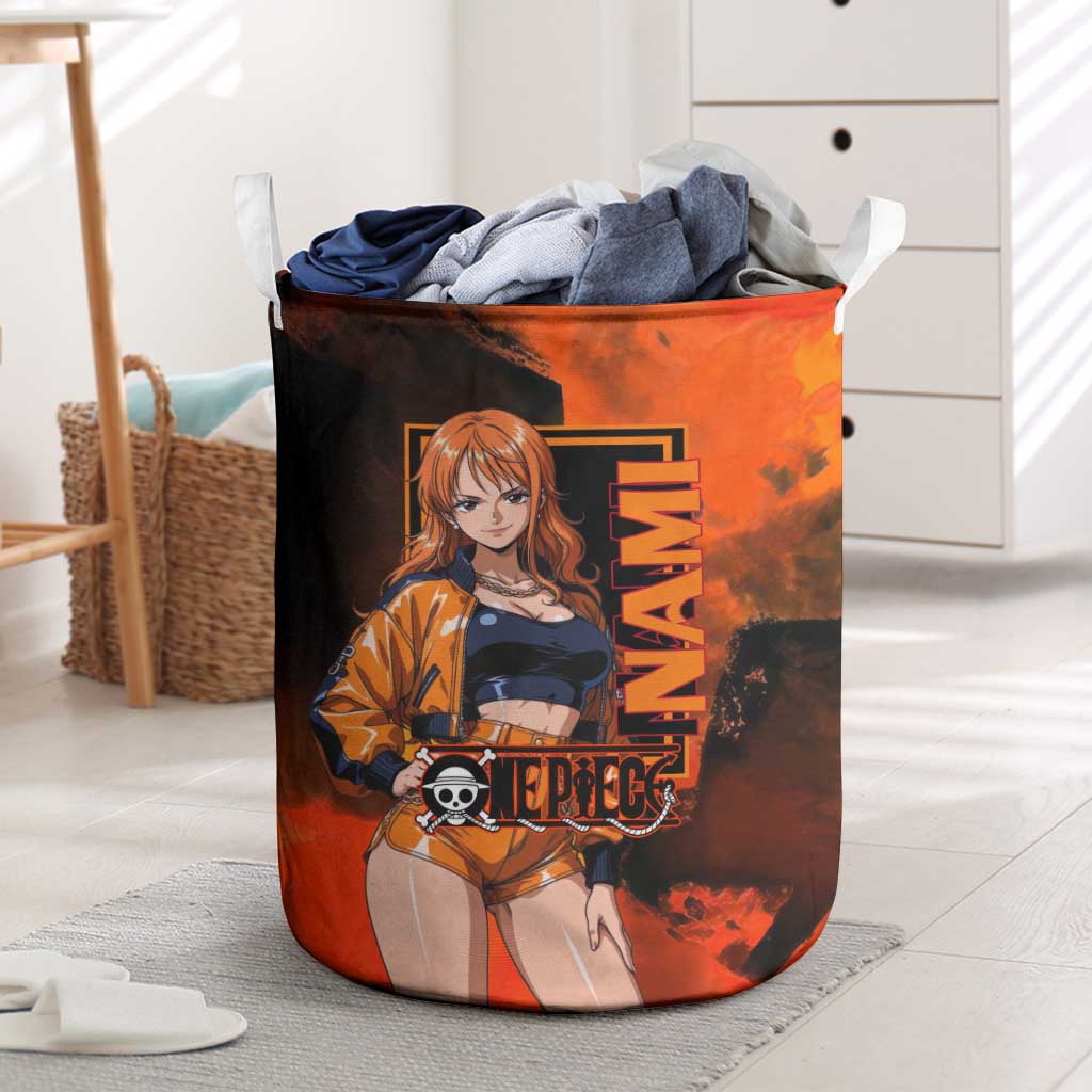 Nami One Piece Orange and Black Theme Laundry Basket with Navigator Pose and Weather Staff Design - The Mazicc