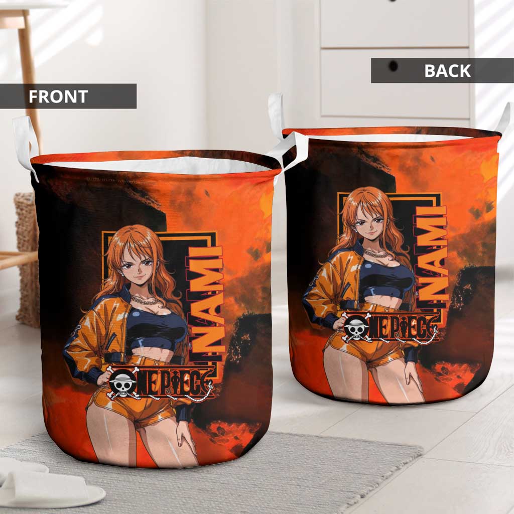 Nami One Piece Orange and Black Theme Laundry Basket with Navigator Pose and Weather Staff Design - The Mazicc