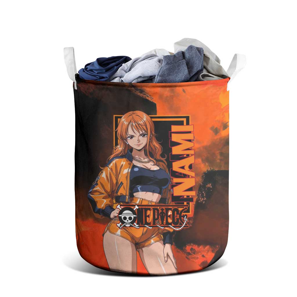 Nami One Piece Orange and Black Theme Laundry Basket with Navigator Pose and Weather Staff Design - The Mazicc