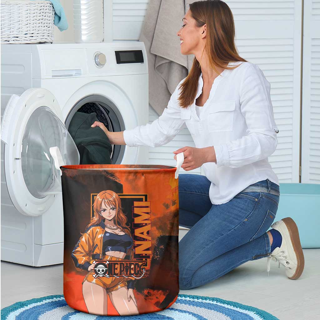 Nami One Piece Orange and Black Theme Laundry Basket with Navigator Pose and Weather Staff Design - The Mazicc