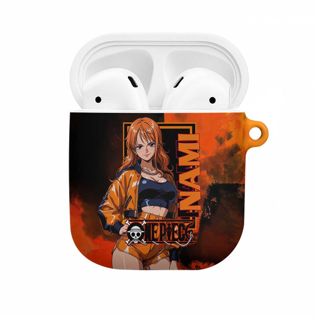 Nami One Piece Orange and Black Theme AirPods Case with Navigator Pose and Weather Staff Design - The Mazicc