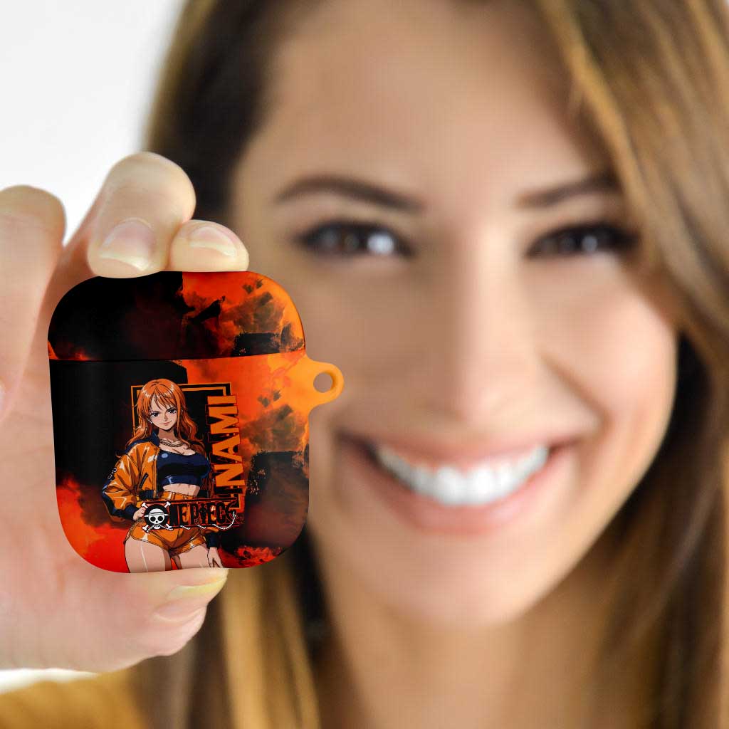 Nami One Piece Orange and Black Theme AirPods Case with Navigator Pose and Weather Staff Design - The Mazicc