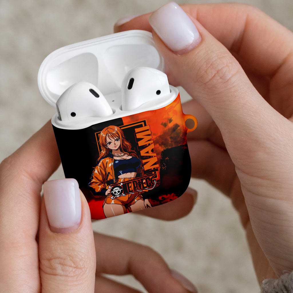 Nami One Piece Orange and Black Theme AirPods Case with Navigator Pose and Weather Staff Design - The Mazicc