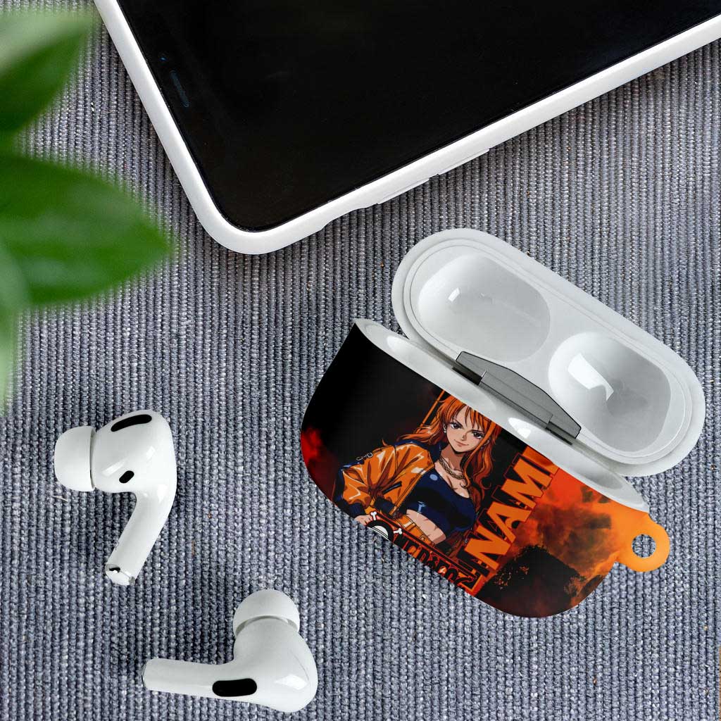 Nami One Piece Orange and Black Theme AirPods Case with Navigator Pose and Weather Staff Design - The Mazicc