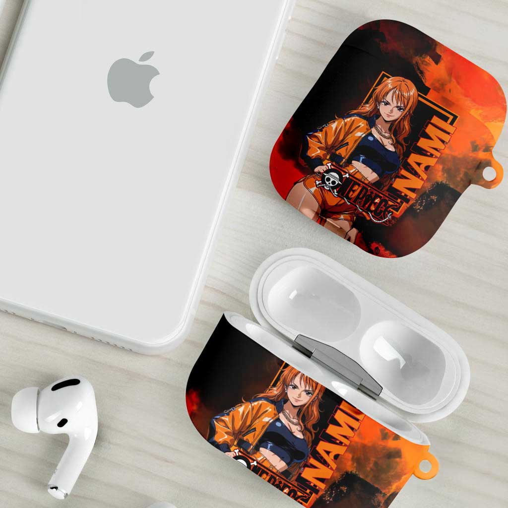 Nami One Piece Orange and Black Theme AirPods Case with Navigator Pose and Weather Staff Design - The Mazicc