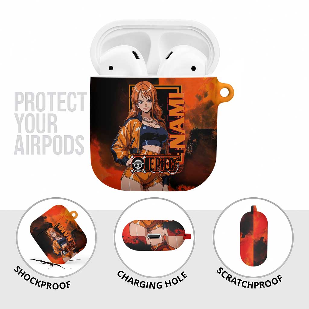 Nami One Piece Orange and Black Theme AirPods Case with Navigator Pose and Weather Staff Design - The Mazicc