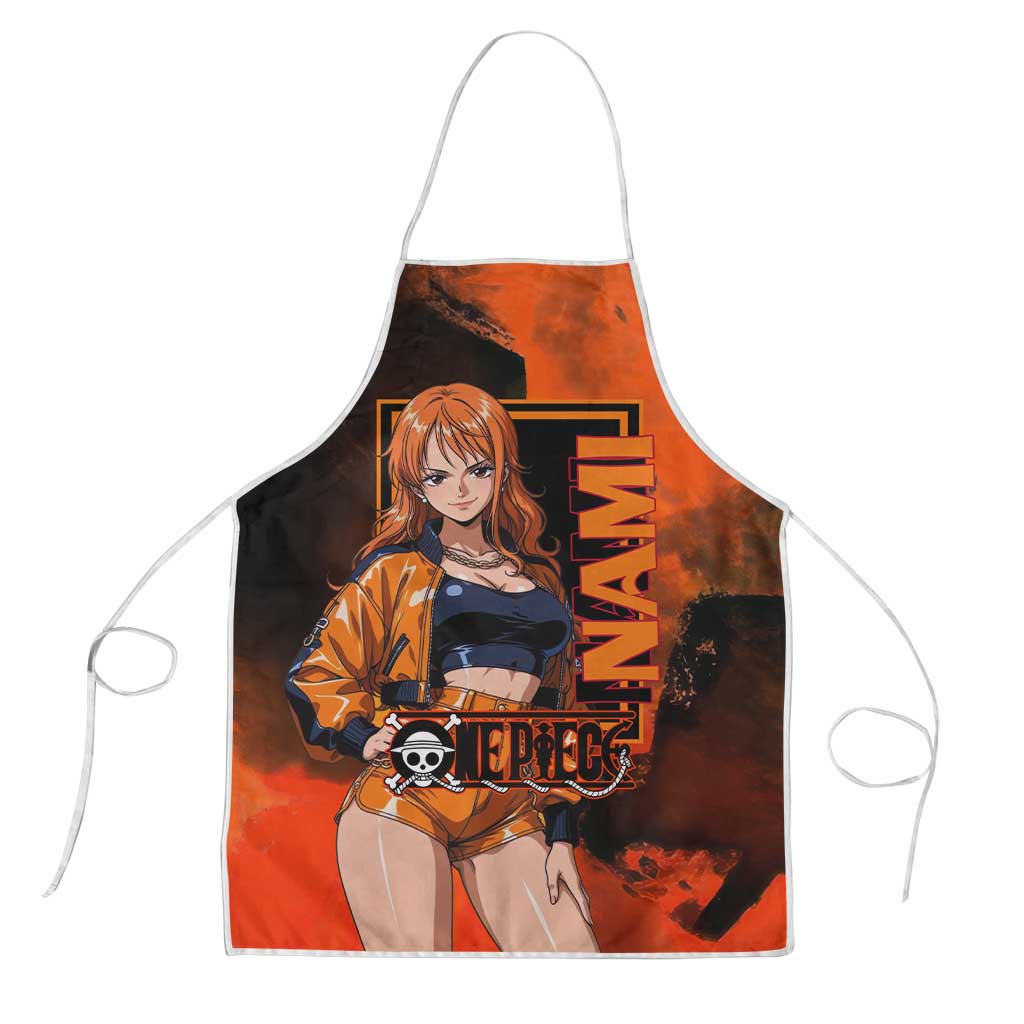 Nami One Piece Orange and Black Theme Apron with Navigator Pose and Weather Staff Design - The Mazicc