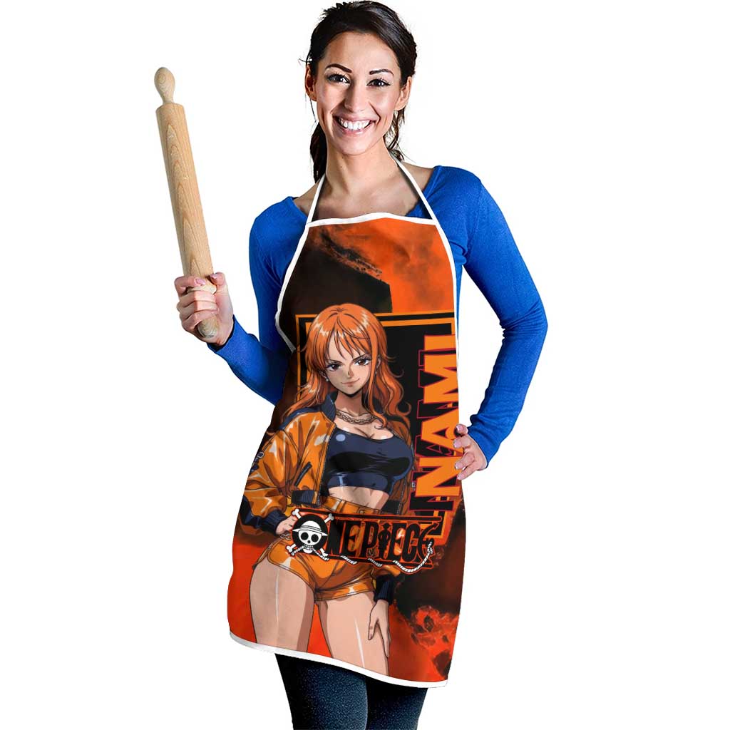 Nami One Piece Orange and Black Theme Apron with Navigator Pose and Weather Staff Design - The Mazicc