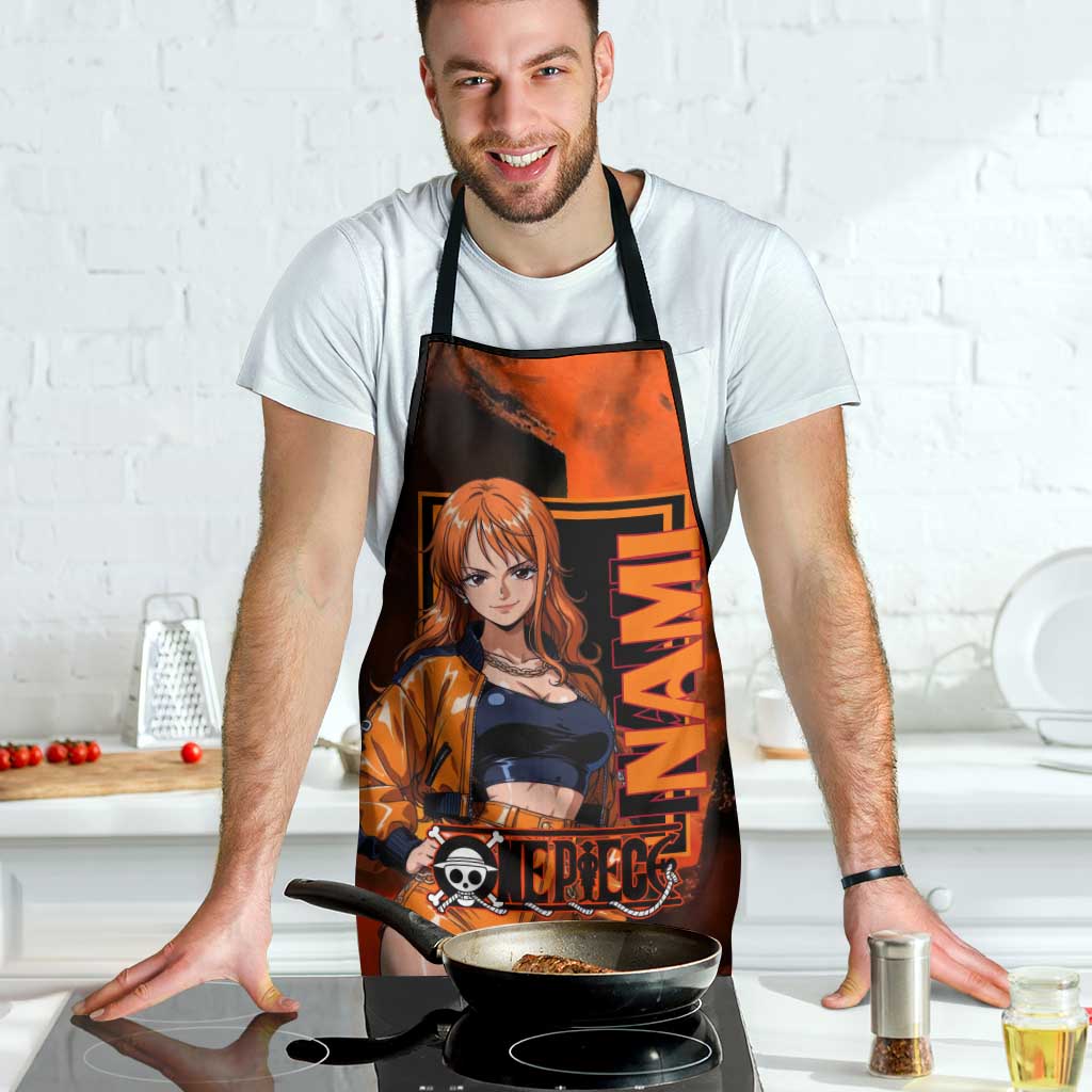 Nami One Piece Orange and Black Theme Apron with Navigator Pose and Weather Staff Design - The Mazicc