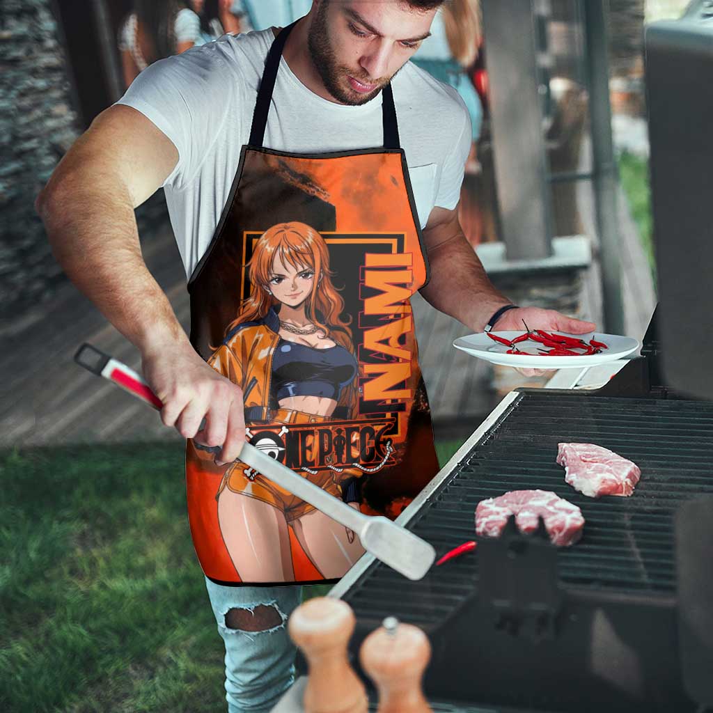 Nami One Piece Orange and Black Theme Apron with Navigator Pose and Weather Staff Design - The Mazicc