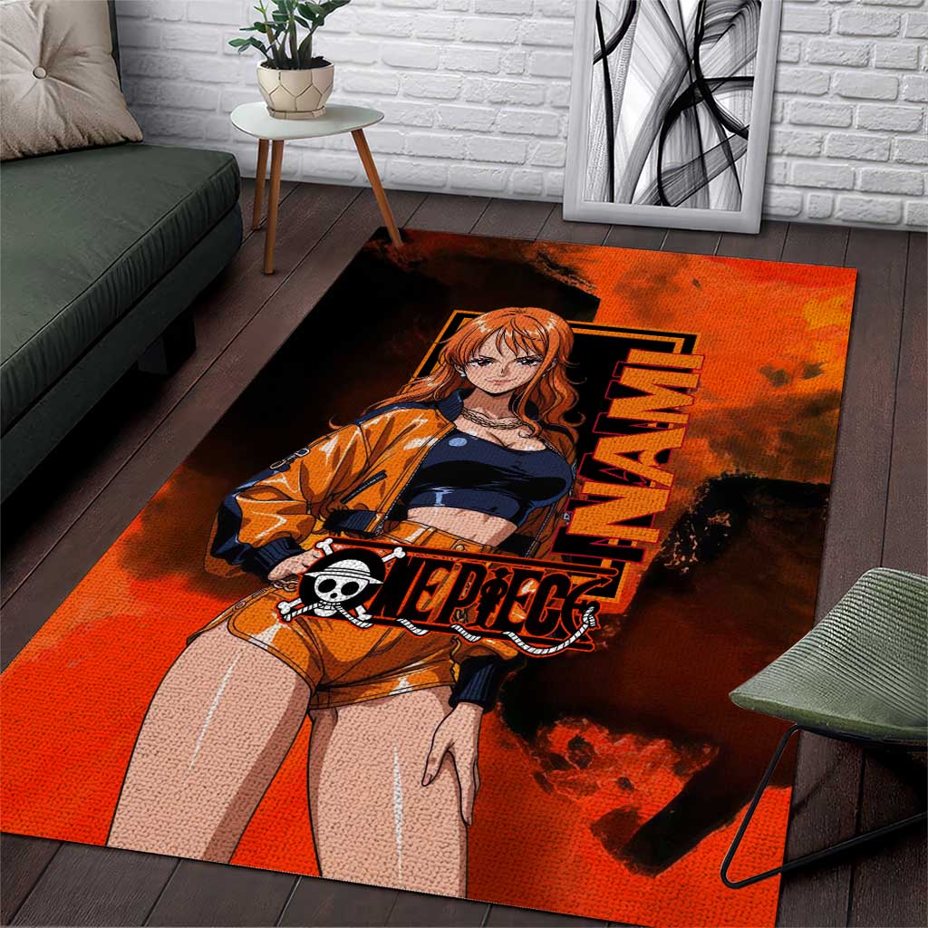 Nami One Piece Orange and Black Theme Area Rug with Navigator Pose and Weather Staff Design - The Mazicc