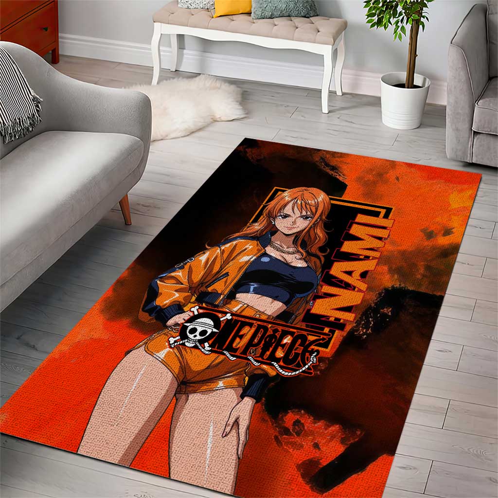 Nami One Piece Orange and Black Theme Area Rug with Navigator Pose and Weather Staff Design - The Mazicc
