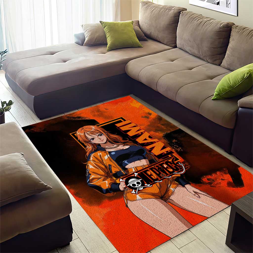Nami One Piece Orange and Black Theme Area Rug with Navigator Pose and Weather Staff Design - The Mazicc