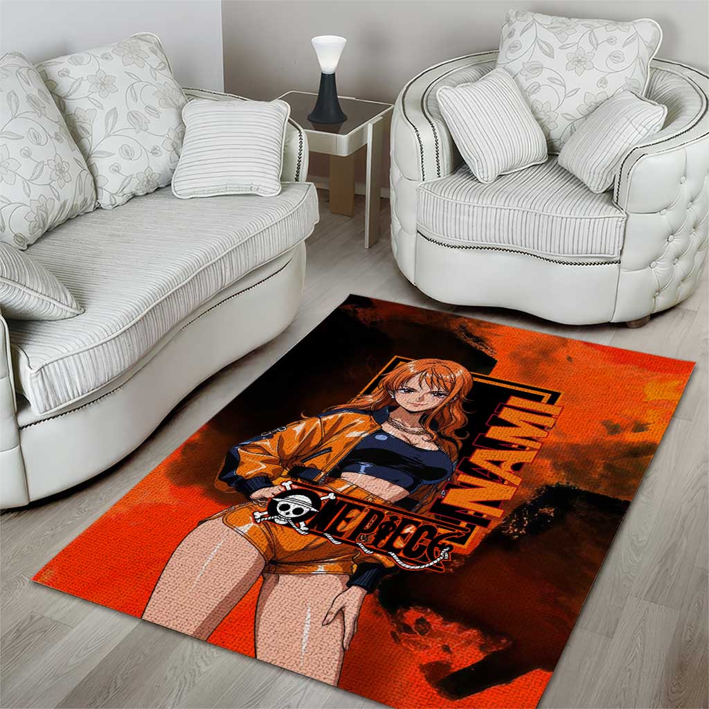 Nami One Piece Orange and Black Theme Area Rug with Navigator Pose and Weather Staff Design - The Mazicc