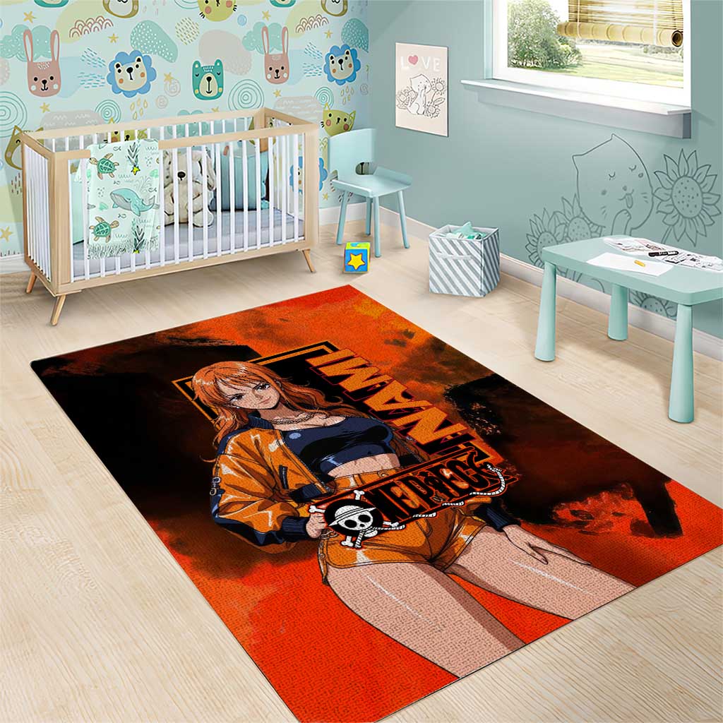 Nami One Piece Orange and Black Theme Area Rug with Navigator Pose and Weather Staff Design - The Mazicc