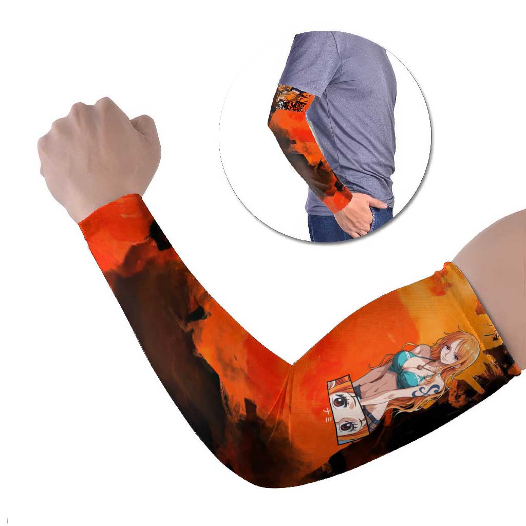 Nami One Piece Orange and Black Theme Arm Sleeves with Navigator Pose and Weather Staff Design - The Mazicc