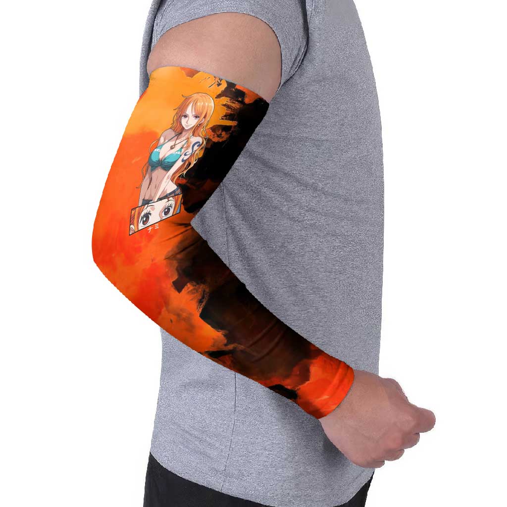 Nami One Piece Orange and Black Theme Arm Sleeves with Navigator Pose and Weather Staff Design - The Mazicc