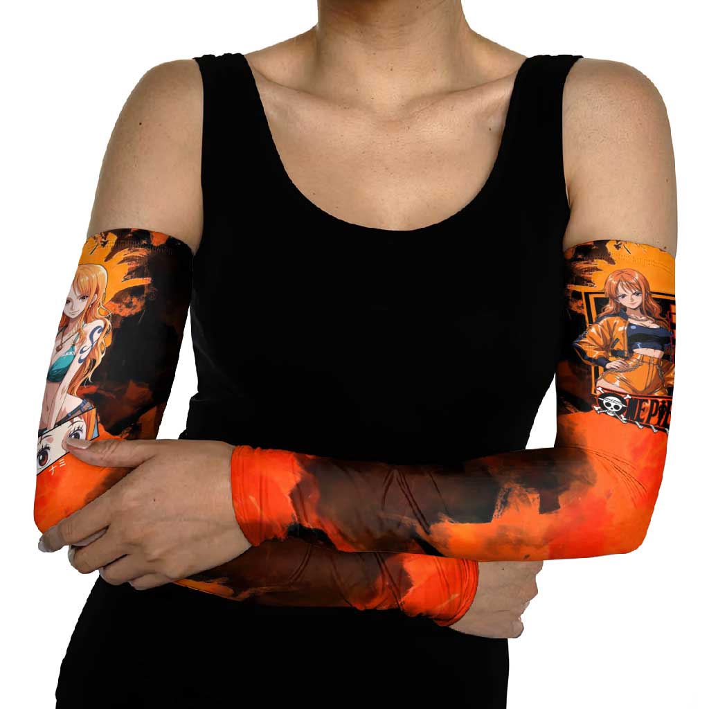 Nami One Piece Orange and Black Theme Arm Sleeves with Navigator Pose and Weather Staff Design - The Mazicc